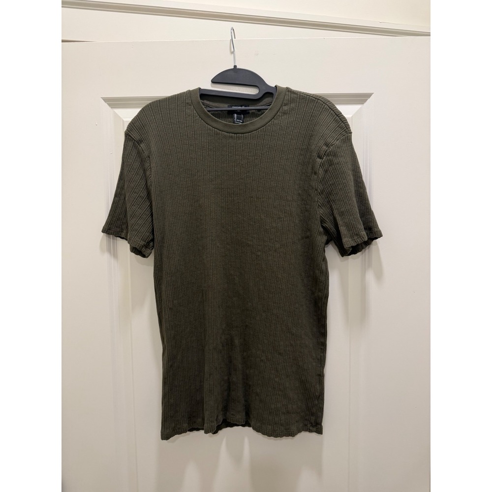 Forever 21 Mens Ribbed Knit T-Shirt Olive Green Short Sleeve Crew Neck Large